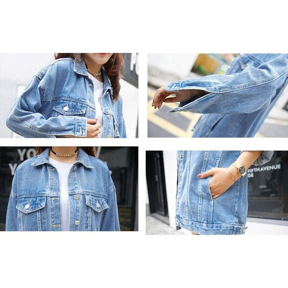 Women Blue 100% Cotton Oversized Mid Long Denim Jacket Jean Biker Coat - Picture 8 of 8
